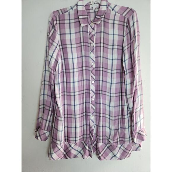 J.Jill Purple Lavender White Plaid Ruffle Bottom Button Down Shirt size Medium - Picture 1 of 8